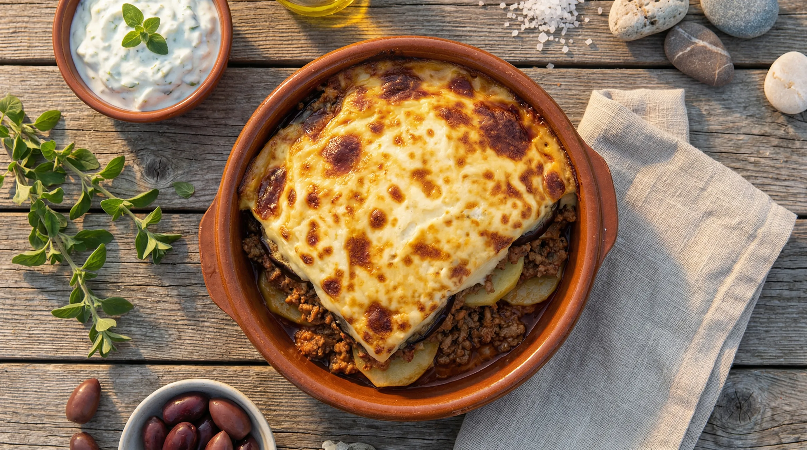 Moussakas tradizionale greca con strati di melanzane e besciamella dorata