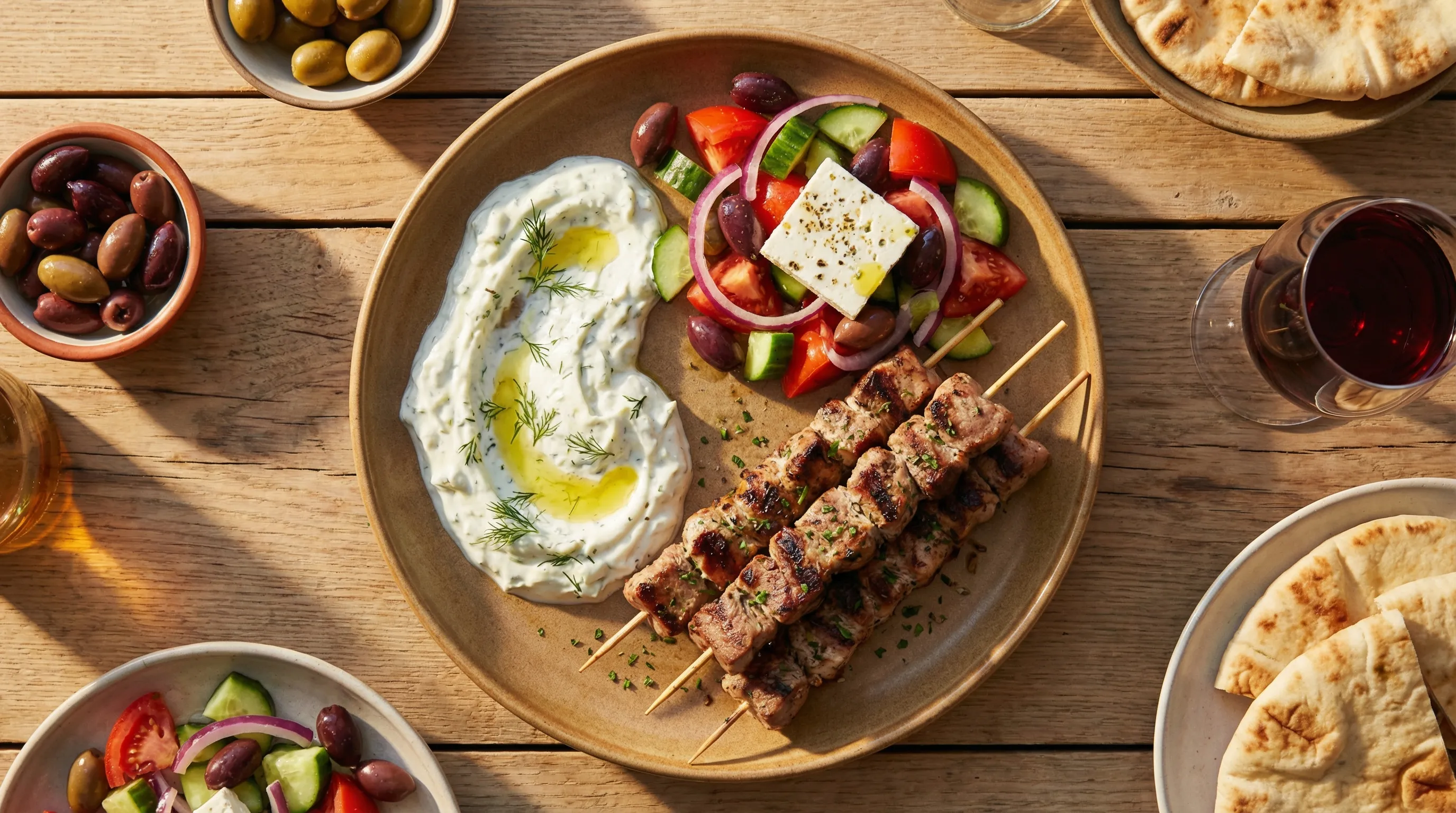 Suvlaki di maiale tenero servito con salsa tzatziki fresca e insalata